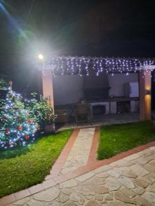 Un árbol de Navidad en un patio por la noche en Erodios Guesthouse, en Kato Loutraki