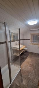 a bathroom with a shower and a sink and a toilet at Ferienwohnung Marlin in Sankt Gallenkirch