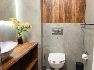 Łazienka z białą toaletą i umywalką w obiekcie Gold Apart w Poznaniu