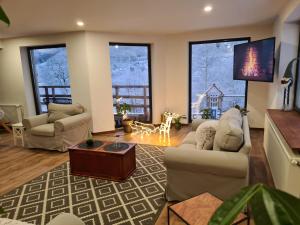 a living room with two couches and a flat screen tv at Bran Mountain Living in Bran