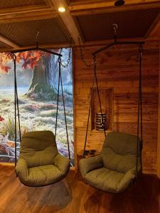 a room with two swing chairs in a cabin at NaturBoutique Hotel RAUSZEIT in Willingen