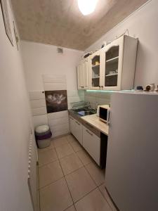 a kitchen with white cabinets and a white refrigerator at Pokoje Gościnne U Babci in Zakopane