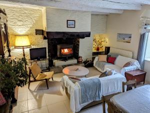 sala de estar con sofá y chimenea en Breizh home A la Boissière, en Merléac