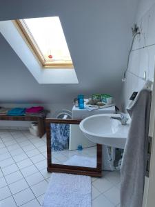 ein Bad mit einem Waschbecken und einem Spiegel in der Unterkunft Monteurzimmer/Arbeiterunterkunft/Ferienwohnung in Barleben