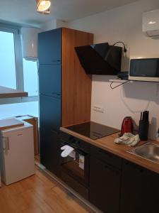 uma cozinha com uma placa de fogão preta ao lado de um lavatório em Dandelion hostel em Zadar