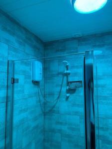a bathroom with a shower with a blue ceiling at Apartment Near Leeds City Centre Sleeps 4 in Beeston Hill