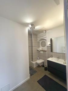 a bathroom with a sink and a toilet and a mirror at Charming appartement with a view of the Saone in Mâcon