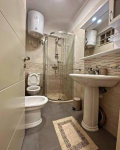 een badkamer met een douche, een toilet en een wastafel bij Comfort Apartment Tirane in Tirana