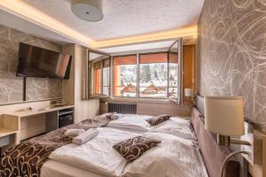 1 dormitorio con 1 cama grande y TV en Pension Böhmerwald, en Železná Ruda