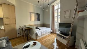 a living room with a bed and a television at Moderno estudio en Porta Do Sol in Vigo