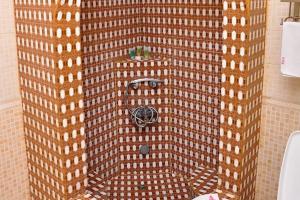 a bathroom with a shower with a brick wall at Forodhani Park Hotel in Zanzibar City