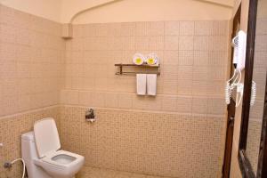 a tiled bathroom with a toilet and a shower at Forodhani Park Hotel in Zanzibar City