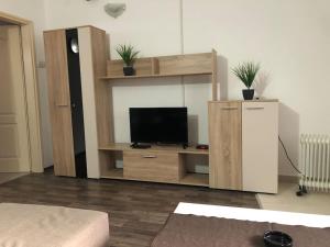 a living room with a entertainment center with a television at Sunshine apartman in Belgrade