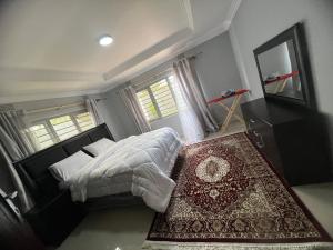 a bedroom with a bed and a mirror and a rug at Lemajy Apartments in Solwezi