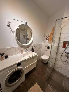 ein Badezimmer mit einer Waschmaschine und einem Spiegel in der Unterkunft Stylish studio in the heart of Riga in Riga