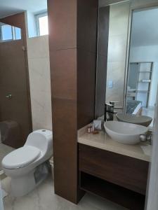 a bathroom with a toilet and a sink and a mirror at Hotel Chayrama in Santa Marta