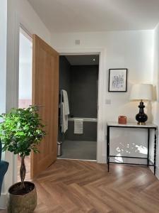 a bathroom with a shower and a potted plant at Stylish Spacious Apartment in Central Windsor in Windsor