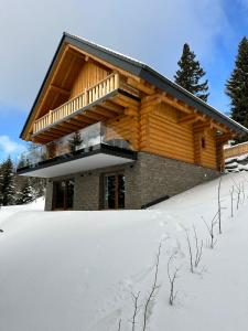 a log cabin in the snow in front at Chalet NON-SENS by L'Occitane in Hochrindl