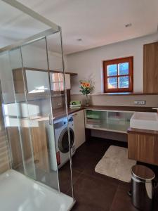 uma cozinha com uma máquina de lavar roupa e uma máquina de lavar roupa em Apartment Eva em Sonnberg