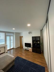 uma sala de estar com um sofá e uma televisão em Luxury 2bed flat with free parking em Bratislava