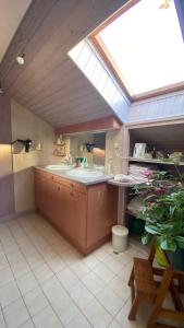 ein Badezimmer mit zwei Waschbecken und einem Dachfenster in der Unterkunft Chambre dans Maison Campagnarde in Présilly