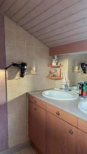 La salle de bains est pourvue de 2 lavabos et d'un miroir. dans l'établissement Chambre dans Maison Campagnarde, à Présilly