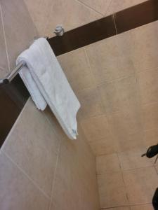 uma toalha branca está pendurada num chuveiro em Executive Studio Apartment em East Legon