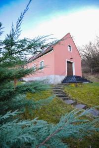 un edificio rosa con una puerta en un campo en Dům na Krásné ve Středohoří, 