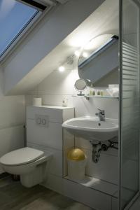 W łazience znajduje się umywalka, toaleta i lustro. w obiekcie Hotel Sonnenhof Garni w mieście Bad Herrenalb