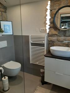 a bathroom with a toilet and a sink and a mirror at Studio Solare in Portorož