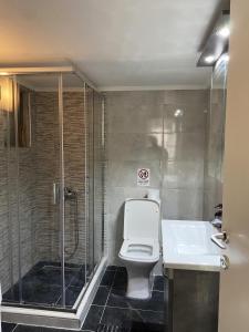 La salle de bains est pourvue d'une douche, de toilettes et d'un lavabo. dans l'établissement Serene Apartment with Breathtaking Sea View, à Thessalonique