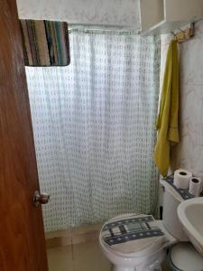 a bathroom with a toilet and a shower curtain at Cabañas encanto de Chovellen in Pelluhue
