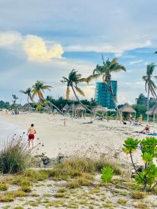 La Isla Tropica في غوريدهو: رجل يمشي على شاطئ فيه نخل