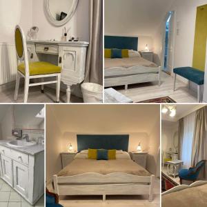 a collage of four pictures of a bedroom at Kis Szárcsa Vendégház in Gárdony