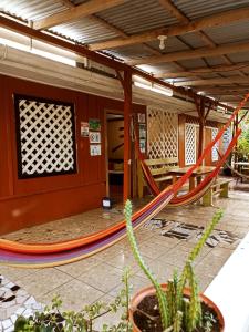 a porch with a hammock in a house at Hospedaje Meryscar in Tortuguero