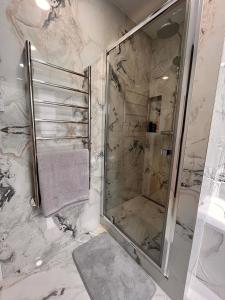 La salle de bains est pourvue d'une douche avec une porte en verre. dans l'établissement Modern apartment in Košice, à Košice