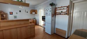 a kitchen with a white refrigerator and wooden cabinets at Apartman U Parku in Dvůr Králové nad Labem