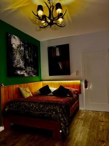 a bedroom with a bed with green walls and a chandelier at Touchdown21 in Karlsruhe