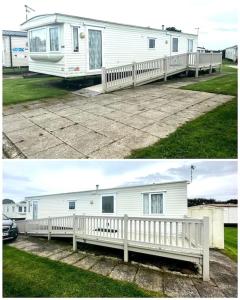 a white house with a porch and a white fence at Withernsea Sands - Disabled friendly (maple grove) in Withernsea