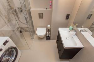 een badkamer met een wastafel, een toilet en een douche bij Urban Jungle apartament Delta in Białystok +3 foto's