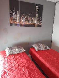dwa czerwone łóżka w pokoju z obrazem na ścianie w obiekcie Argentina 2000 w BuenosAires