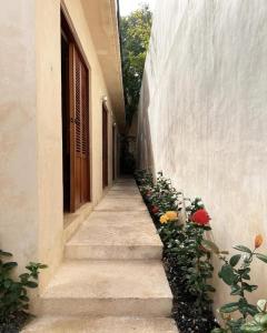 an alley way with flowers and a building with a door at Bajo las Hojas in Campeche