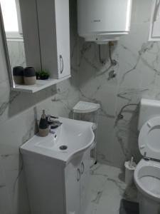Apartment B&E في توزلا: حمام أبيض مع حوض ومرحاض