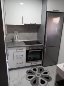 Apartment B&E في توزلا: مطبخ مع موقد حديد قابل للصدأ وثلاجة