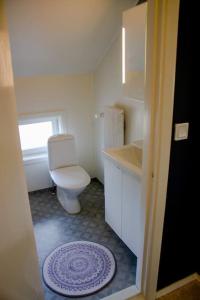 een witte badkamer met een toilet en een wastafel bij Exklusiv takvåning i lantlig miljö in Falun