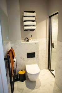 a bathroom with a white toilet and some towels at Broad Street Apartments - Central Bath in Bath