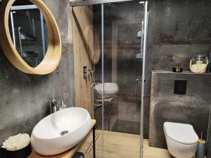 een badkamer met een wastafel en een glazen douche bij Nova Town Apartament in Stargard