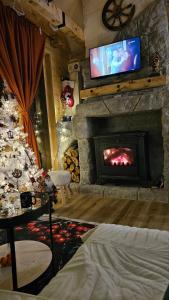 a living room with a fireplace with a tv above it at Chalet Wood Magic in Kolašin