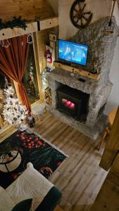 a living room with a fireplace with a tv on it at Chalet Wood Magic in Kolašin