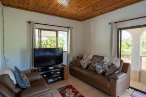 a living room with two couches and a flat screen tv at Tropical Beach House in Grand Anse